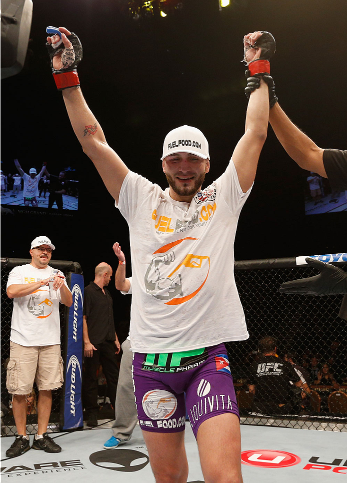 LAS VEGAS, NV - SEPTEMBER 27: Jorge Masvidal celebrates after his win over James Krause in their lightweight fight during the UFC 178 event inside the MGM Grand Garden Arena on September 27, 2014 in Las Vegas, Nevada. (Photo by Josh Hedges/Zuffa LLC/Zuf
