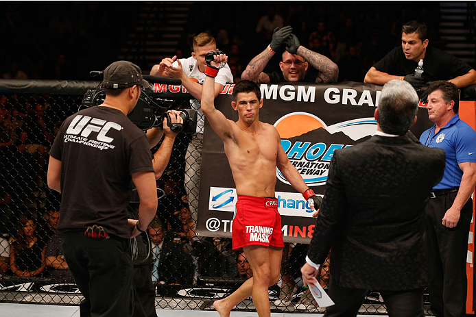 LAS VEGAS, NV - SEPTEMBER 27: Dominick Cruz enters the Octagon in his bantamweight fight against Takeya Mizugaki during the UFC 178 event inside the MGM Grand Garden Arena on September 27, 2014 in Las Vegas, Nevada. (Photo by Josh Hedges/Zuffa LLC/Zuffa
