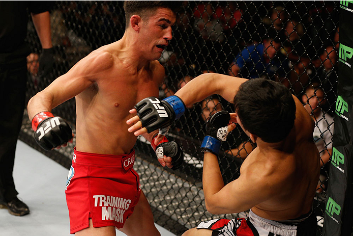 LAS VEGAS, NV - SEPTEMBER 27: (L-R) Dominick Cruz punches Takeya Mizugaki in their bantamweight fight during the UFC 178 event inside the MGM Grand Garden Arena on September 27, 2014 in Las Vegas, Nevada. (Photo by Josh Hedges/Zuffa LLC/Zuffa LLC via Ge
