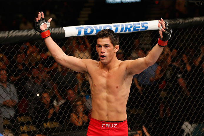 LAS VEGAS, NV - SEPTEMBER 27: Dominick Cruz celebrates after his victory over Takeya Mizugaki in their bantamweight fight during the UFC 178 event inside the MGM Grand Garden Arena on September 27, 2014 in Las Vegas, Nevada. (Photo by Josh Hedges/Zuffa