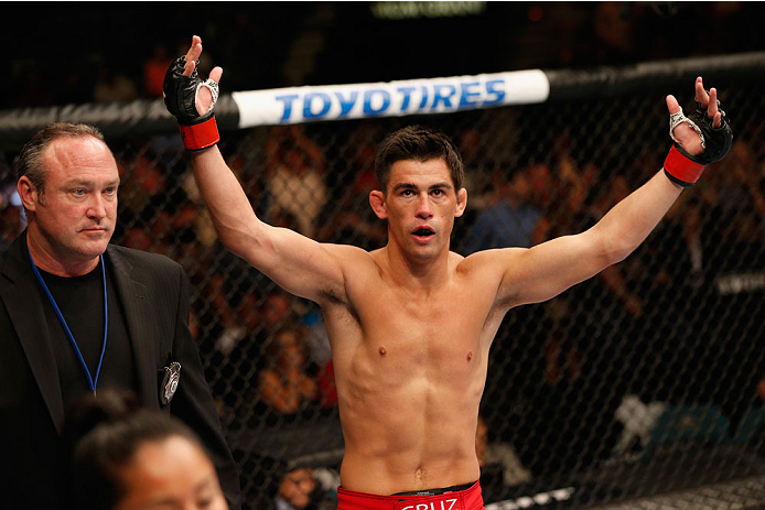 LAS VEGAS, NV - SEPTEMBER 27: Dominick Cruz celebrates after his victory over Takeya Mizugaki in their bantamweight fight during the UFC 178 event inside the MGM Grand Garden Arena on September 27, 2014 in Las Vegas, Nevada. (Photo by Josh Hedges/Zuffa