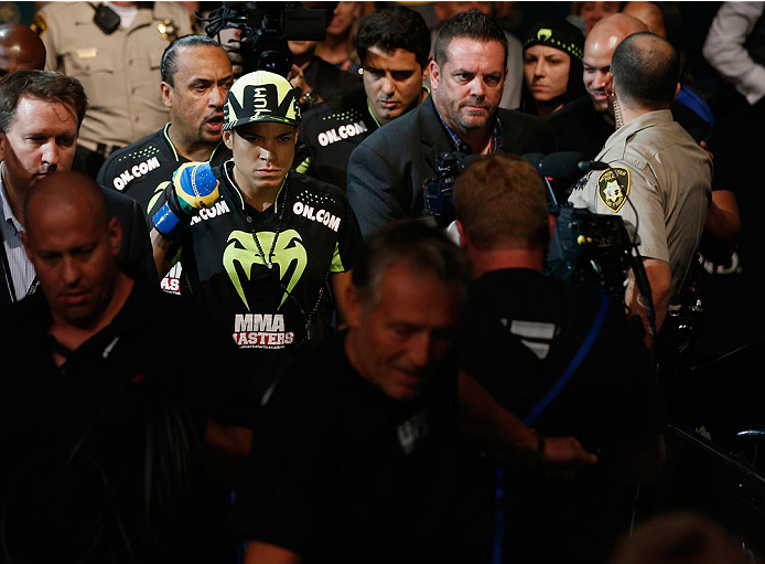 LAS VEGAS, NV - SEPTEMBER 27: Amanda Nunes enters the arena for her fight with Cat Zingano in their women's bantamweight fight during the UFC 178 event inside the MGM Grand Garden Arena on September 27, 2014 in Las Vegas, Nevada. (Photo by Josh Hedges/Z