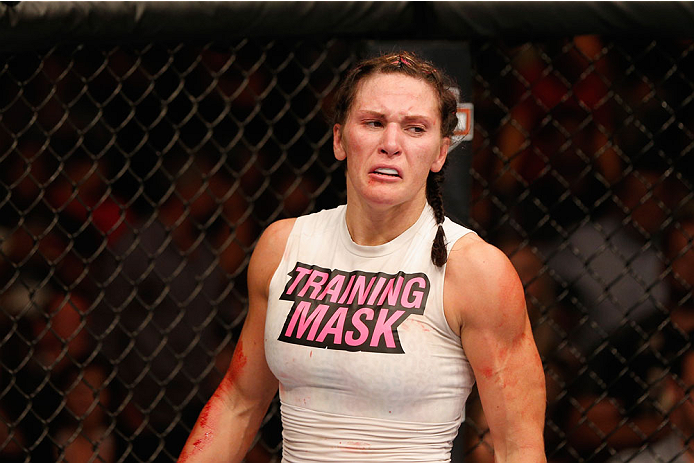 LAS VEGAS, NV - SEPTEMBER 27: Cat Zingano celebrates after her TKO win over Amanda Nunes in their women's bantamweight fight during the UFC 178 event inside the MGM Grand Garden Arena on September 27, 2014 in Las Vegas, Nevada. (Photo by Josh Hedges/Zuf