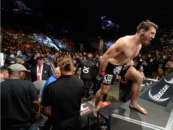 LAS VEGAS, NV - SEPTEMBER 27: Tim Kennedy prepares to enter the Octagon against Yoel Romero in their middleweight fight during the UFC 178 event inside the MGM Grand Garden Arena on September 27, 2014 in Las Vegas, Nevada. (Photo by Jeff Bottari/Zuffa L