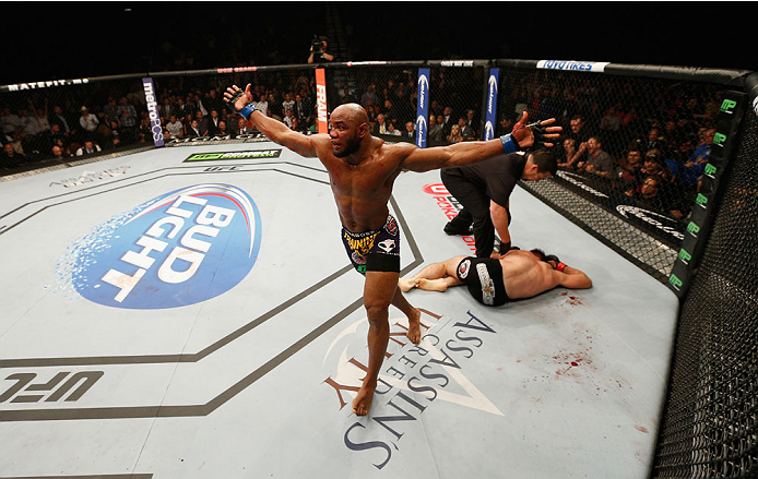 LAS VEGAS, NV - SEPTEMBER 27: (L-R) Yoel Romero celebrates his TKO win over Tim Kennedy in their middleweight fight during the UFC 178 event inside the MGM Grand Garden Arena on September 27, 2014 in Las Vegas, Nevada. (Photo by Josh Hedges/Zuffa LLC/Zu