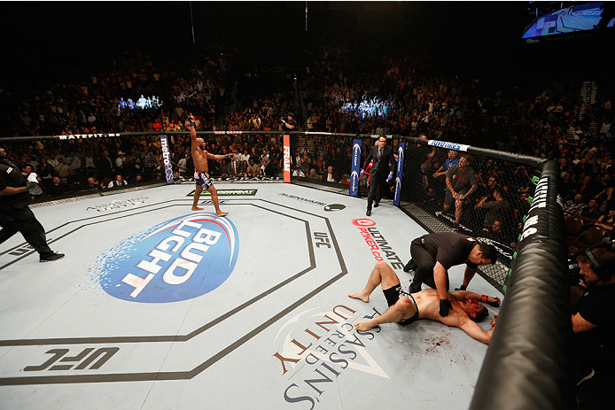 LAS VEGAS, NV - SEPTEMBER 27: (L-R) Yoel Romero celebrates his TKO win over Tim Kennedy in their middleweight fight during the UFC 178 event inside the MGM Grand Garden Arena on September 27, 2014 in Las Vegas, Nevada. (Photo by Josh Hedges/Zuffa LLC/Zu