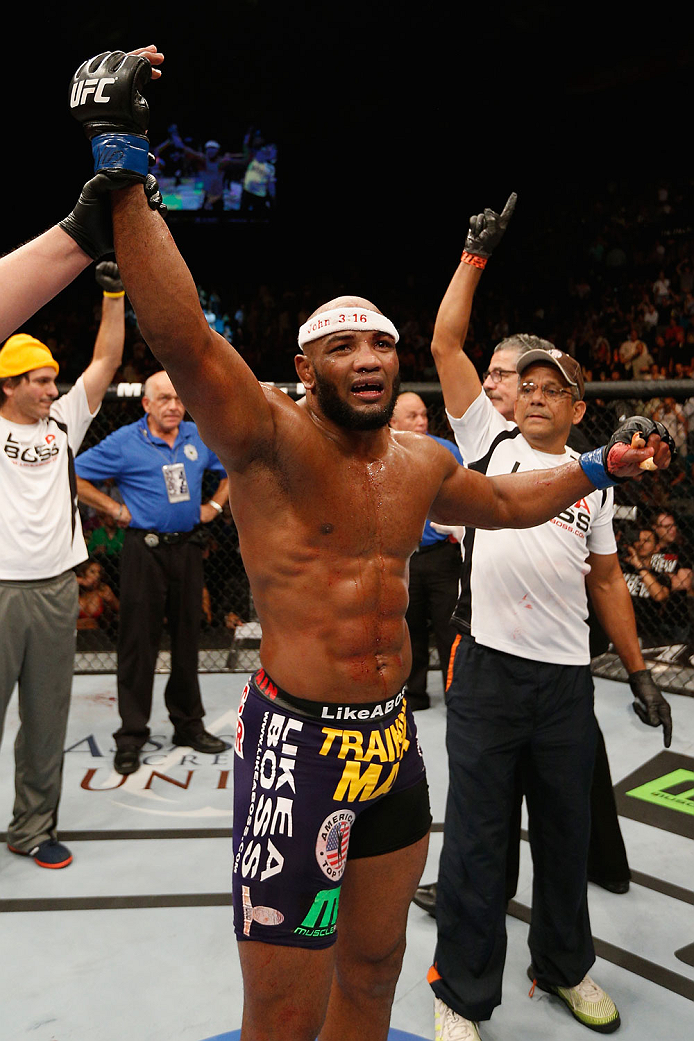 LAS VEGAS, NV - SEPTEMBER 27: Yoel Romero celebrates after his TKO win over Tim Kennedy in their middleweight fight during the UFC 178 event inside the MGM Grand Garden Arena on September 27, 2014 in Las Vegas, Nevada. (Photo by Josh Hedges/Zuffa LLC/Zu