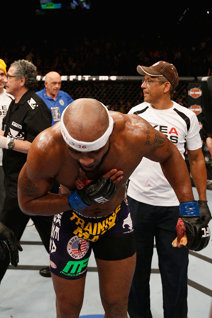 LAS VEGAS, NV - SEPTEMBER 27: Yoel Romero celebrates after his TKO win over Tim Kennedy in their middleweight fight during the UFC 178 event inside the MGM Grand Garden Arena on September 27, 2014 in Las Vegas, Nevada. (Photo by Josh Hedges/Zuffa LLC/Zu