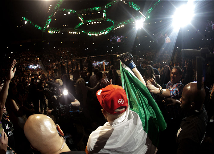 LAS VEGAS, NV - SEPTEMBER 27: Conor McGregor prepares to enter the Octagon before his fight against Dustin Poirier during the UFC 178 event inside the MGM Grand Garden Arena on September 27, 2014 in Las Vegas, Nevada. (Photo by Brandon Magnus/Zuffa LLC/Z