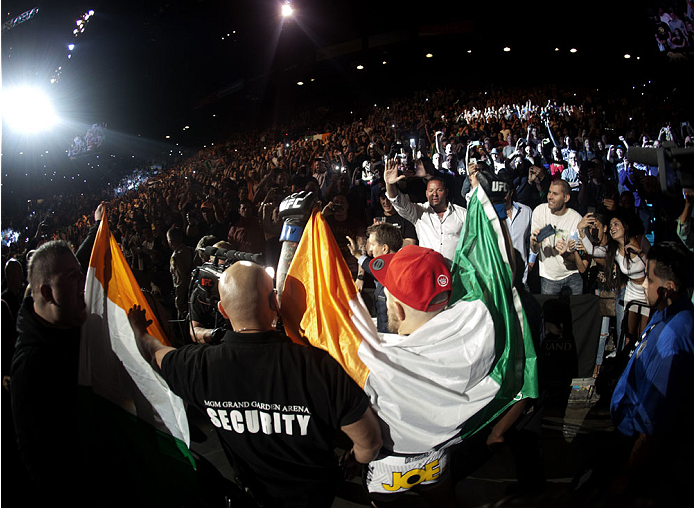 LAS VEGAS, NV - SEPTEMBER 27: Conor McGregor prepares to enter the Octagon before his fight against Dustin Poirier during the UFC 178 event inside the MGM Grand Garden Arena on September 27, 2014 in Las Vegas, Nevada. (Photo by Brandon Magnus/Zuffa LLC/Z