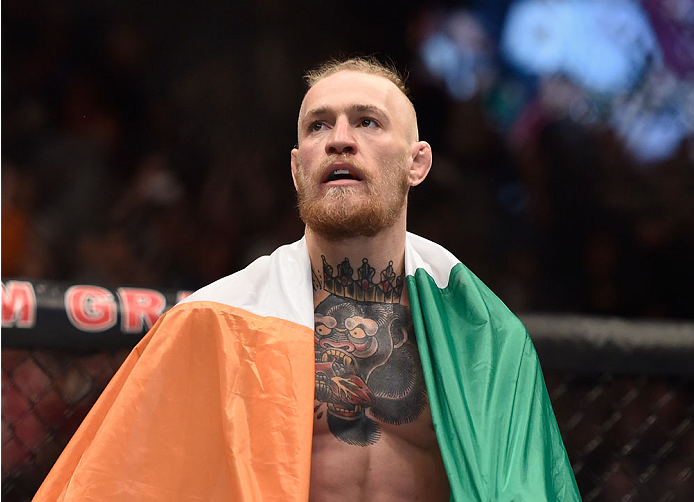 LAS VEGAS, NV - SEPTEMBER 27: Conor McGregor celebrates his win over Dustin Poirier after their featherweight fight during the UFC 178 event inside the MGM Grand Garden Arena on September 27, 2014 in Las Vegas, Nevada. (Photo by Jeff Bottari/Zuffa LLC/Z