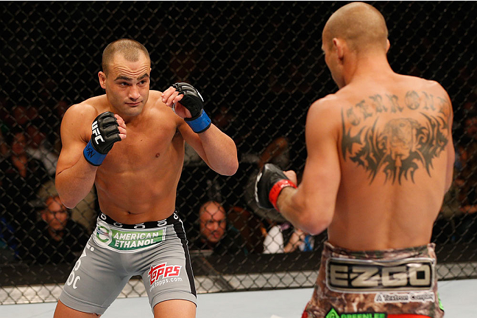 LAS VEGAS, NV - SEPTEMBER 27: (L-R) Eddie Alvarez squares off with Donald Cerrone in their lightweight fight during the UFC 178 event inside the MGM Grand Garden Arena on September 27, 2014 in Las Vegas, Nevada. (Photo by Josh Hedges/Zuffa LLC/Zuffa LLC