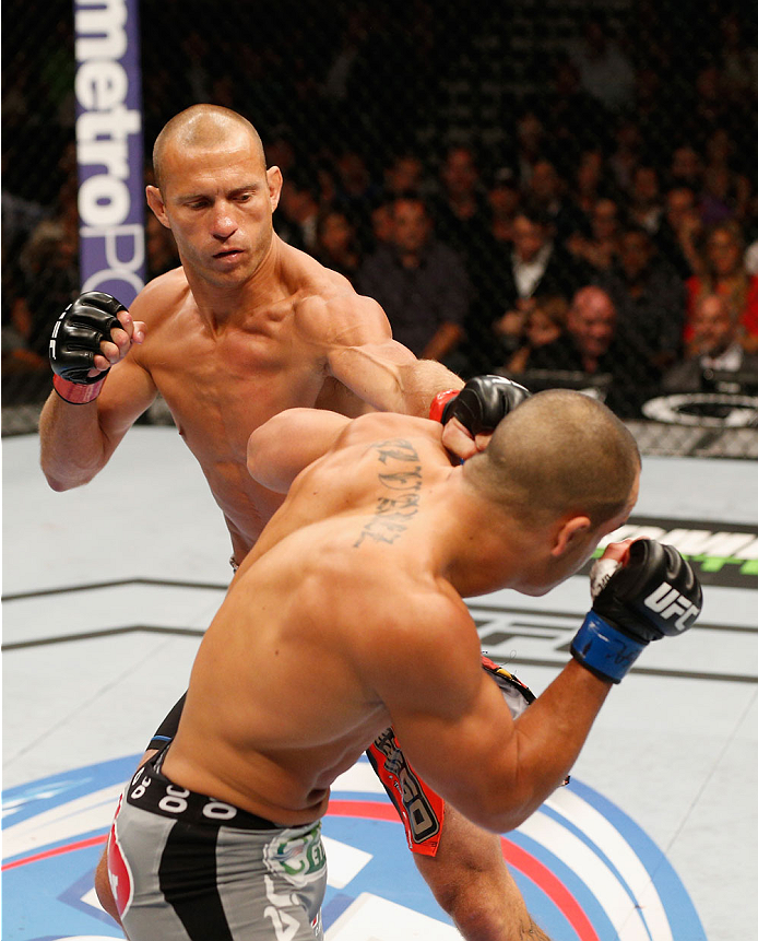 LAS VEGAS, NV - SEPTEMBER 27: (L-R) Donald Cerrone squares off with Eddie Alvarez in their lightweight fight during the UFC 178 event inside the MGM Grand Garden Arena on September 27, 2014 in Las Vegas, Nevada. (Photo by Josh Hedges/Zuffa LLC/Zuffa LLC