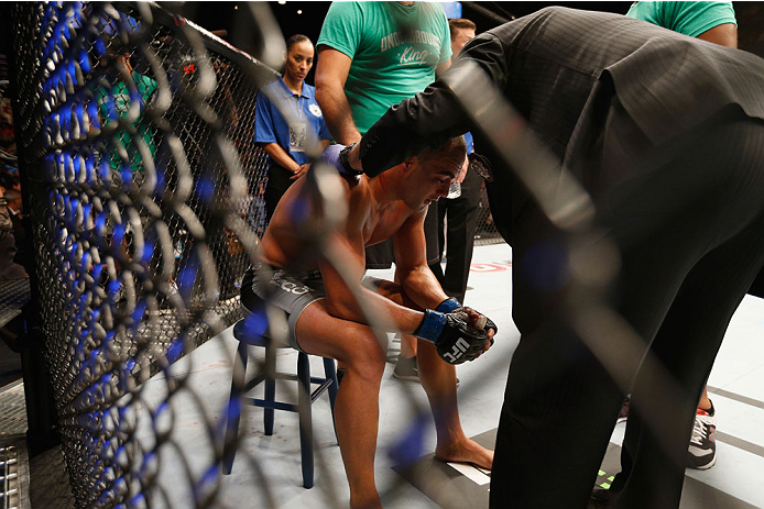 LAS VEGAS, NV - SEPTEMBER 27: Eddie Alvarez recovers after his fight with Donald Cerrone in their lightweight fight during the UFC 178 event inside the MGM Grand Garden Arena on September 27, 2014 in Las Vegas, Nevada. (Photo by Josh Hedges/Zuffa LLC/Zu