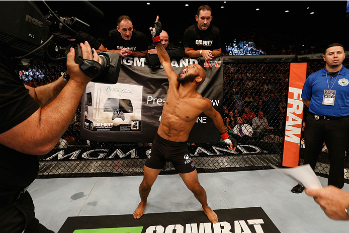 LAS VEGAS, NV - SEPTEMBER 27: UFC Flyweight champion Demetrious Johnson before his flyweight championship fight with Chris Cariaso during the UFC 178 event inside the MGM Grand Garden Arena on September 27, 2014 in Las Vegas, Nevada. (Photo by Josh Hedg
