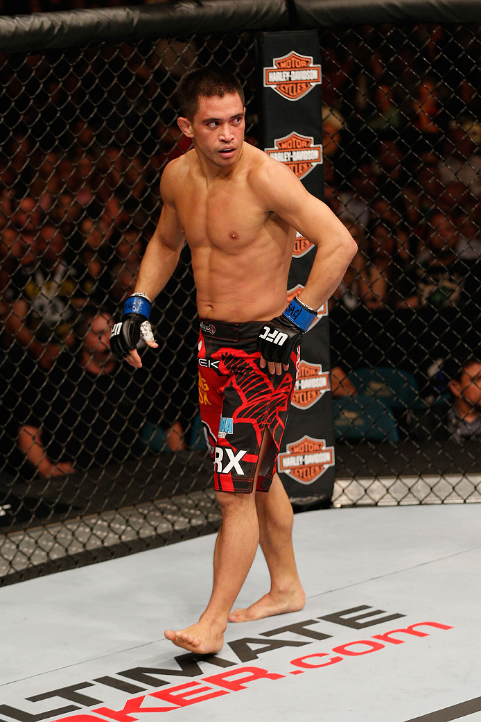 LAS VEGAS, NV - SEPTEMBER 27: Chris Cariaso prepares for his fight with Demetrious Johnson before their flyweight championship fight during the UFC 178 event inside the MGM Grand Garden Arena on September 27, 2014 in Las Vegas, Nevada. (Photo by Josh He