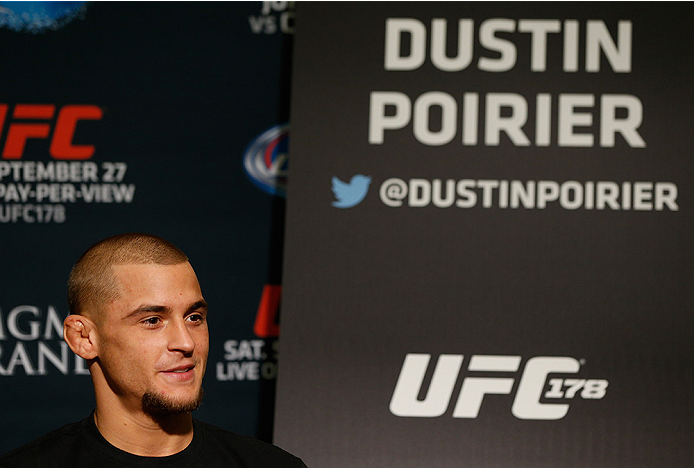 LAS VEGAS, NV - SEPTEMBER 25: Dustin Poirier interacts with media during the UFC 178 Ultimate Media Day at the MGM Grand Hotel/Casino on September 25, 2014 in Las Vegas, Nevada. (Photo by Josh Hedges/Zuffa LLC/Zuffa LLC via Getty Images)