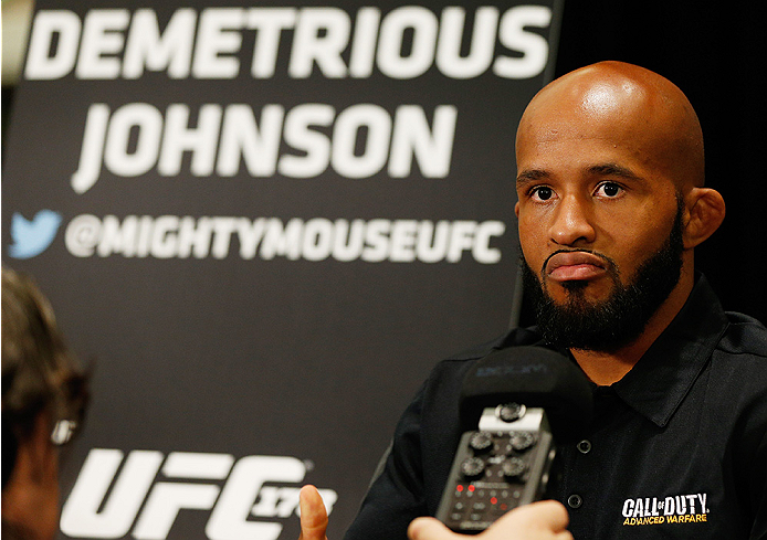 LAS VEGAS, NV - SEPTEMBER 25: Demetrious Johnson interacts with media during the UFC 178 Ultimate Media Day at the MGM Grand Hotel/Casino on September 25, 2014 in Las Vegas, Nevada. (Photo by Josh Hedges/Zuffa LLC/Zuffa LLC via Getty Images)