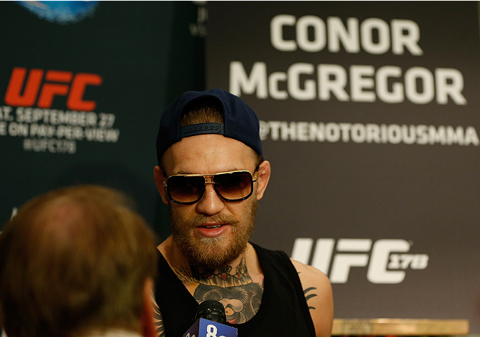 LAS VEGAS, NV - SEPTEMBER 25: Conor McGregor of Ireland interacts with media during the UFC 178 Ultimate Media Day at the MGM Grand Hotel/Casino on September 25, 2014 in Las Vegas, Nevada. (Photo by Josh Hedges/Zuffa LLC/Zuffa LLC via Getty Images)