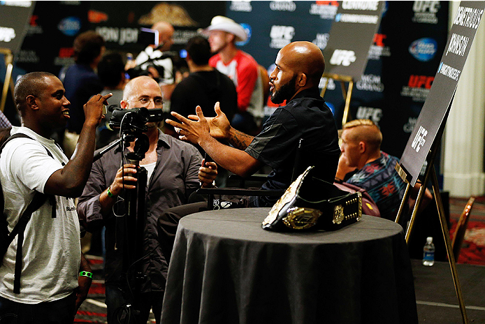 LAS VEGAS, NV - SEPTEMBER 25: Demetrious Johnson interacts with media during the UFC 178 Ultimate Media Day at the MGM Grand Hotel/Casino on September 25, 2014 in Las Vegas, Nevada. (Photo by Josh Hedges/Zuffa LLC/Zuffa LLC via Getty Images)