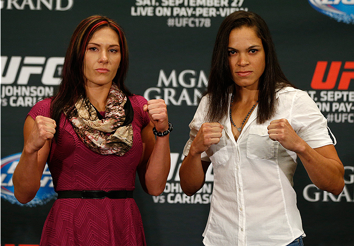 LAS VEGAS, NV - SEPTEMBER 25: (L-R) Opponents Cat Zingano and Amanda Nunes of Brazil pose for photos during the UFC 178 Ultimate Media Day at the MGM Grand Hotel/Casino on September 25, 2014 in Las Vegas, Nevada. (Photo by Josh Hedges/Zuffa LLC/Zuffa LLC