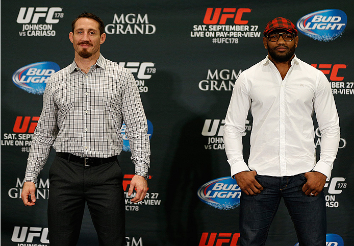 LAS VEGAS, NV - SEPTEMBER 25: (L-R) Opponents Tim Kennedy and Yoel Romero of Cuba pose for photos during the UFC 178 Ultimate Media Day at the MGM Grand Hotel/Casino on September 25, 2014 in Las Vegas, Nevada. (Photo by Josh Hedges/Zuffa LLC/Zuffa LLC vi