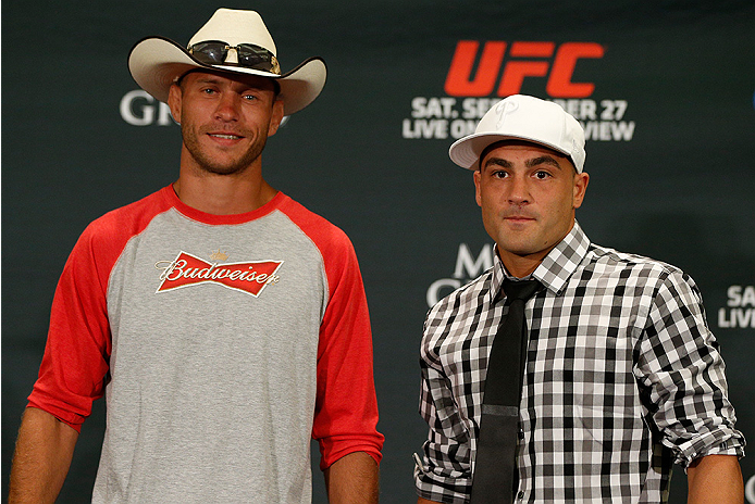 LAS VEGAS, NV - SEPTEMBER 25: (L-R) Opponents Donald "Cowboy" Cerrone and Eddie Alvarez pose for photos during the UFC 178 Ultimate Media Day at the MGM Grand Hotel/Casino on September 25, 2014 in Las Vegas, Nevada. (Photo by Josh Hedges/Zuffa LLC/Zuffa