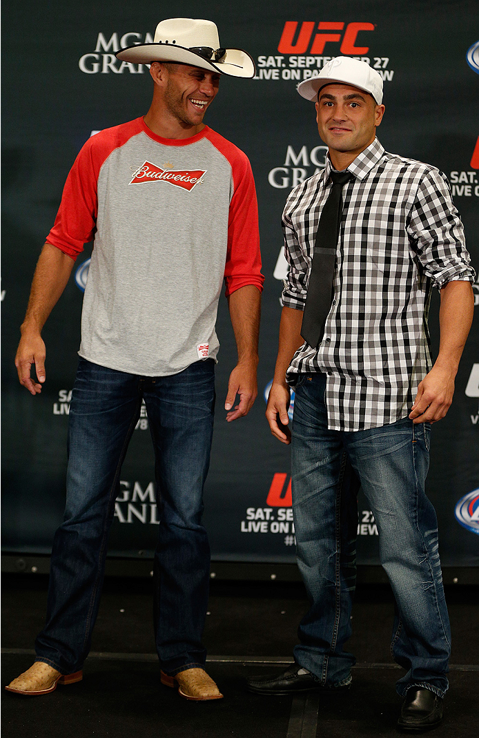 LAS VEGAS, NV - SEPTEMBER 25: (L-R) Opponents Donald "Cowboy" Cerrone and Eddie Alvarez pose for photos during the UFC 178 Ultimate Media Day at the MGM Grand Hotel/Casino on September 25, 2014 in Las Vegas, Nevada. (Photo by Josh Hedges/Zuffa LLC/Zuffa