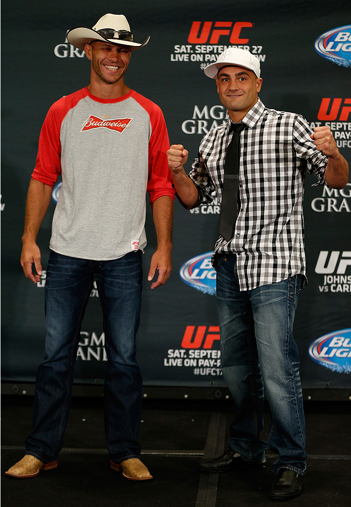 LAS VEGAS, NV - SEPTEMBER 25: (L-R) Opponents Donald "Cowboy" Cerrone and Eddie Alvarez pose for photos during the UFC 178 Ultimate Media Day at the MGM Grand Hotel/Casino on September 25, 2014 in Las Vegas, Nevada. (Photo by Josh Hedges/Zuffa LLC/Zuffa