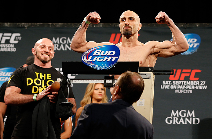 LAS VEGAS, NV - SEPTEMBER 26: Manvel Gamburyan of Armenia weighs in during the UFC 178 weigh-in at the MGM Grand Conference Center on September 26, 2014 in Las Vegas, Nevada. (Photo by Josh Hedges/Zuffa LLC/Zuffa LLC via Getty Images)