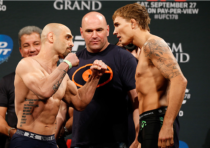 LAS VEGAS, NV - SEPTEMBER 26: (L-R) Opponents Manvel Gamburyan of Armenia and Cody Gibson face off during the UFC 178 weigh-in at the MGM Grand Conference Center on September 26, 2014 in Las Vegas, Nevada. (Photo by Josh Hedges/Zuffa LLC/Zuffa LLC via Ge