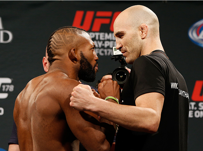 LAS VEGAS, NV - SEPTEMBER 26: (L-R) Opponents John Howard and Brian Ebersole face off during the UFC 178 weigh-in at the MGM Grand Conference Center on September 26, 2014 in Las Vegas, Nevada. (Photo by Josh Hedges/Zuffa LLC/Zuffa LLC via Getty Images)