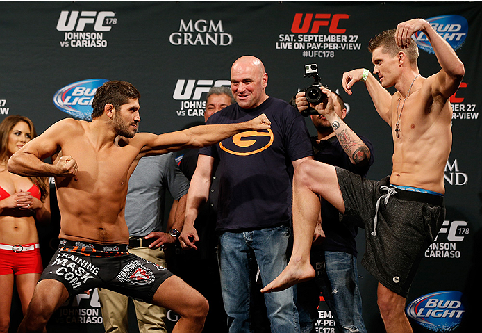 LAS VEGAS, NV - SEPTEMBER 26: (L-R) Opponents Patrick Cote of Canada and Stephen Thompson face off during the UFC 178 weigh-in at the MGM Grand Conference Center on September 26, 2014 in Las Vegas, Nevada. (Photo by Josh Hedges/Zuffa LLC/Zuffa LLC via Ge