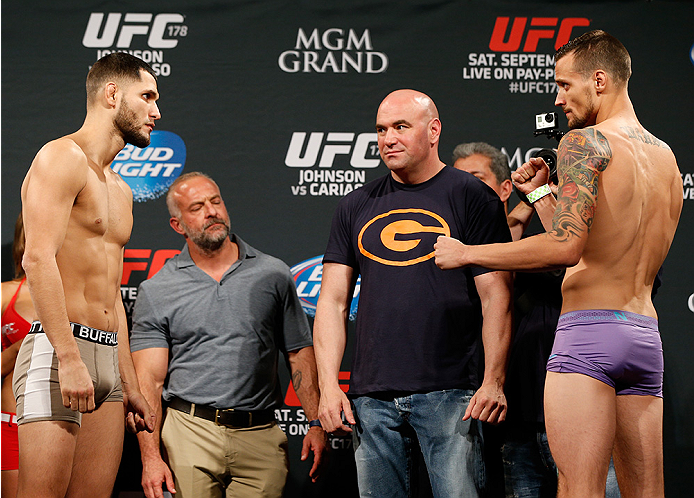 LAS VEGAS, NV - SEPTEMBER 26: (L-R) Opponents Jorge Masvidal of Cuba and James Krause face off during the UFC 178 weigh-in at the MGM Grand Conference Center on September 26, 2014 in Las Vegas, Nevada. (Photo by Josh Hedges/Zuffa LLC/Zuffa LLC via Getty