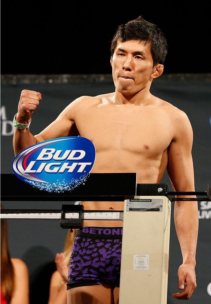 LAS VEGAS, NV - SEPTEMBER 26: Takeya Mizugaki of Japan weighs in during the UFC 178 weigh-in at the MGM Grand Conference Center on September 26, 2014 in Las Vegas, Nevada. (Photo by Josh Hedges/Zuffa LLC/Zuffa LLC via Getty Images)