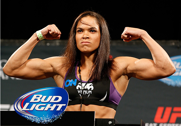 LAS VEGAS, NV - SEPTEMBER 26: Amanda Nunes of Brazil weighs in during the UFC 178 weigh-in at the MGM Grand Conference Center on September 26, 2014 in Las Vegas, Nevada. (Photo by Josh Hedges/Zuffa LLC/Zuffa LLC via Getty Images)