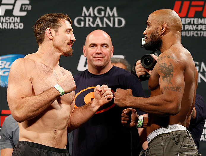 LAS VEGAS, NV - SEPTEMBER 26: (L-R) Opponents Tim Kennedy and Yoel Romero of Cuba face off during the UFC 178 weigh-in at the MGM Grand Conference Center on September 26, 2014 in Las Vegas, Nevada. (Photo by Josh Hedges/Zuffa LLC/Zuffa LLC via Getty Imag