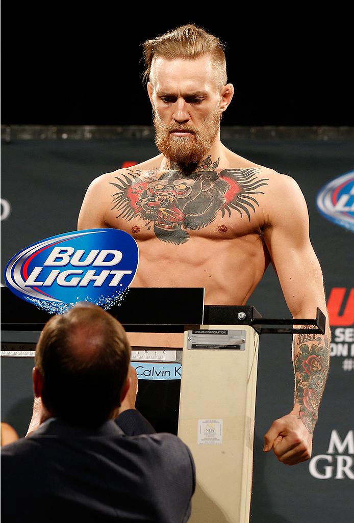 LAS VEGAS, NV - SEPTEMBER 26: Conor McGregor of Ireland weighs in during the UFC 178 weigh-in at the MGM Grand Conference Center on September 26, 2014 in Las Vegas, Nevada. (Photo by Josh Hedges/Zuffa LLC/Zuffa LLC via Getty Images)