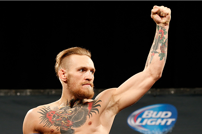 LAS VEGAS, NV - SEPTEMBER 26: Conor McGregor of Ireland poses on the scale after weighing in during the UFC 178 weigh-in at the MGM Grand Conference Center on September 26, 2014 in Las Vegas, Nevada. (Photo by Josh Hedges/Zuffa LLC/Zuffa LLC via Getty Im