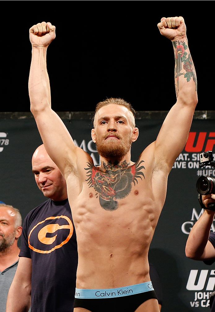 LAS VEGAS, NV - SEPTEMBER 26: Conor McGregor of Ireland poses after weighing in during the UFC 178 weigh-in at the MGM Grand Conference Center on September 26, 2014 in Las Vegas, Nevada. (Photo by Josh Hedges/Zuffa LLC/Zuffa LLC via Getty Images)
