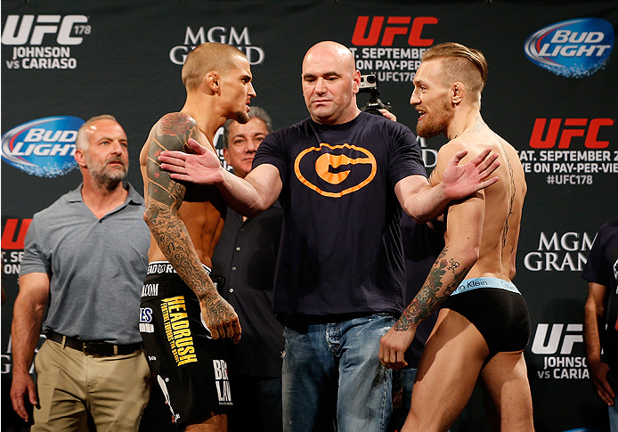 LAS VEGAS, NV - SEPTEMBER 26: (L-R) Opponents Dustin Poirier and Conor McGregor of Ireland face off during the UFC 178 weigh-in at the MGM Grand Conference Center on September 26, 2014 in Las Vegas, Nevada. (Photo by Josh Hedges/Zuffa LLC/Zuffa LLC via G