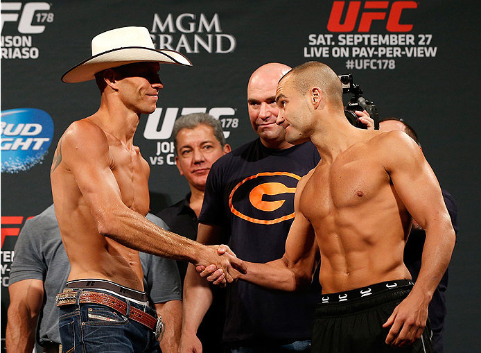 LAS VEGAS, NV - SEPTEMBER 26: (L-R) Opponents Donald "Cowboy" Cerrone and Eddie Alvarez shake hands during the UFC 178 weigh-in at the MGM Grand Conference Center on September 26, 2014 in Las Vegas, Nevada. (Photo by Josh Hedges/Zuffa LLC/Zuffa LLC via G