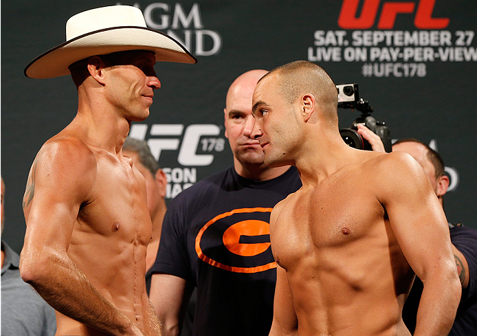 LAS VEGAS, NV - SEPTEMBER 26: (L-R) Opponents Donald "Cowboy" Cerrone and Eddie Alvarez face off during the UFC 178 weigh-in at the MGM Grand Conference Center on September 26, 2014 in Las Vegas, Nevada. (Photo by Josh Hedges/Zuffa LLC/Zuffa LLC via Gett