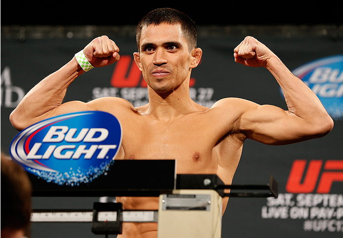 LAS VEGAS, NV - SEPTEMBER 26: Chris Cariaso weighs in during the UFC 178 weigh-in at the MGM Grand Conference Center on September 26, 2014 in Las Vegas, Nevada. (Photo by Josh Hedges/Zuffa LLC/Zuffa LLC via Getty Images)