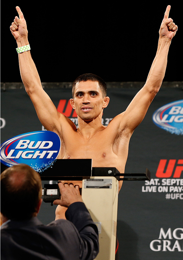 LAS VEGAS, NV - SEPTEMBER 26: Chris Cariaso weighs in during the UFC 178 weigh-in at the MGM Grand Conference Center on September 26, 2014 in Las Vegas, Nevada. (Photo by Josh Hedges/Zuffa LLC/Zuffa LLC via Getty Images)