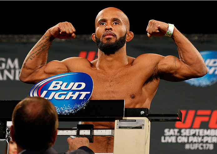 LAS VEGAS, NV - SEPTEMBER 26: Demetrious Johnson weighs in during the UFC 178 weigh-in at the MGM Grand Conference Center on September 26, 2014 in Las Vegas, Nevada. (Photo by Josh Hedges/Zuffa LLC/Zuffa LLC via Getty Images)