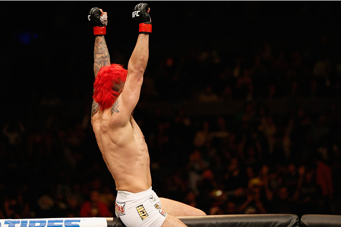 MEXICO CITY, MEXICO - NOVEMBER 15: Augusto Montano celebrates his TKO victory over Chris Heatherly in their welterweight bout during the UFC 180 event at Arena Ciudad de Mexico on November 15, 2014 in Mexico City, Mexico. (Photo by Josh Hedges/Zuffa LLC