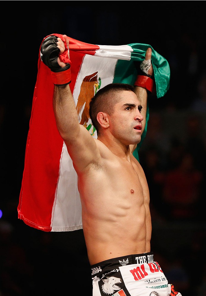MEXICO CITY, MEXICO - NOVEMBER 15: Ricardo Lamas celebrates his submission victory over Dennis Bermudez in their featherweight bout during the UFC 180 event at Arena Ciudad de Mexico on November 15, 2014 in Mexico City, Mexico. (Photo by Josh Hedges/Zuf