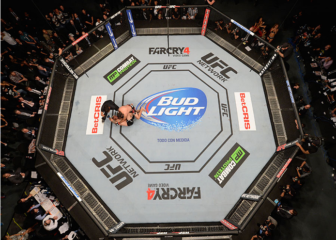 MEXICO CITY, MEXICO - NOVEMBER 15: An overhead view of the Octagon as Fabricio Werdum (R) knocks out Mark Hunt in their interim UFC heavyweight championship bout during the UFC 180 event at Arena Ciudad de Mexico on November 15, 2014 in Mexico City, Mexi