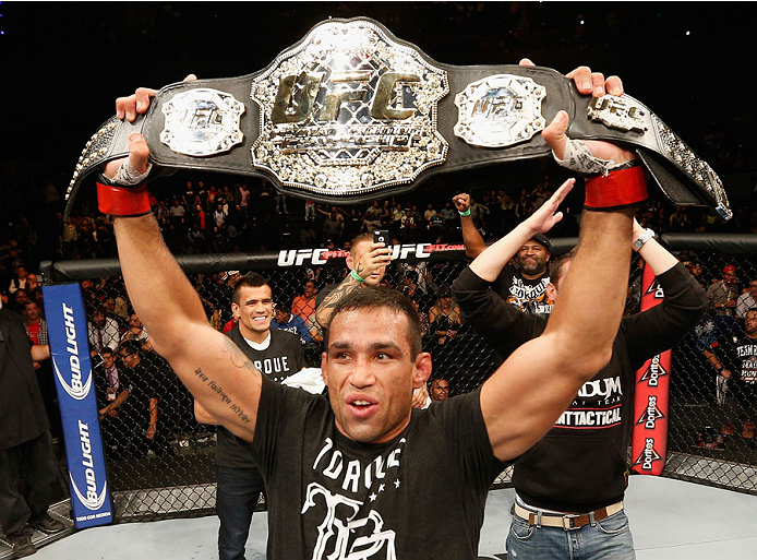 MEXICO CITY, MEXICO - NOVEMBER 15: Fabricio Werdum of Brazil celebrates after knocking out Mark Hunt in their interim UFC heavyweight championship bout during the UFC 180 event at Arena Ciudad de Mexico on November 15, 2014 in Mexico City, Mexico. (Phot